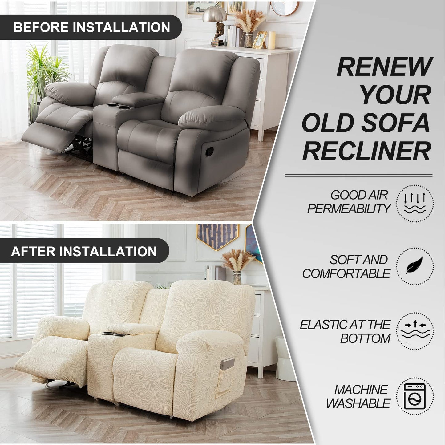 YUEANG Recliner Loveseat Cover with Center Console, 2 Seater Leopard Recliner Sofa Slipcover with Pockets Washable Stretch Reclining Couch Covers Furniture Protector with Elastic Straps (Beige)