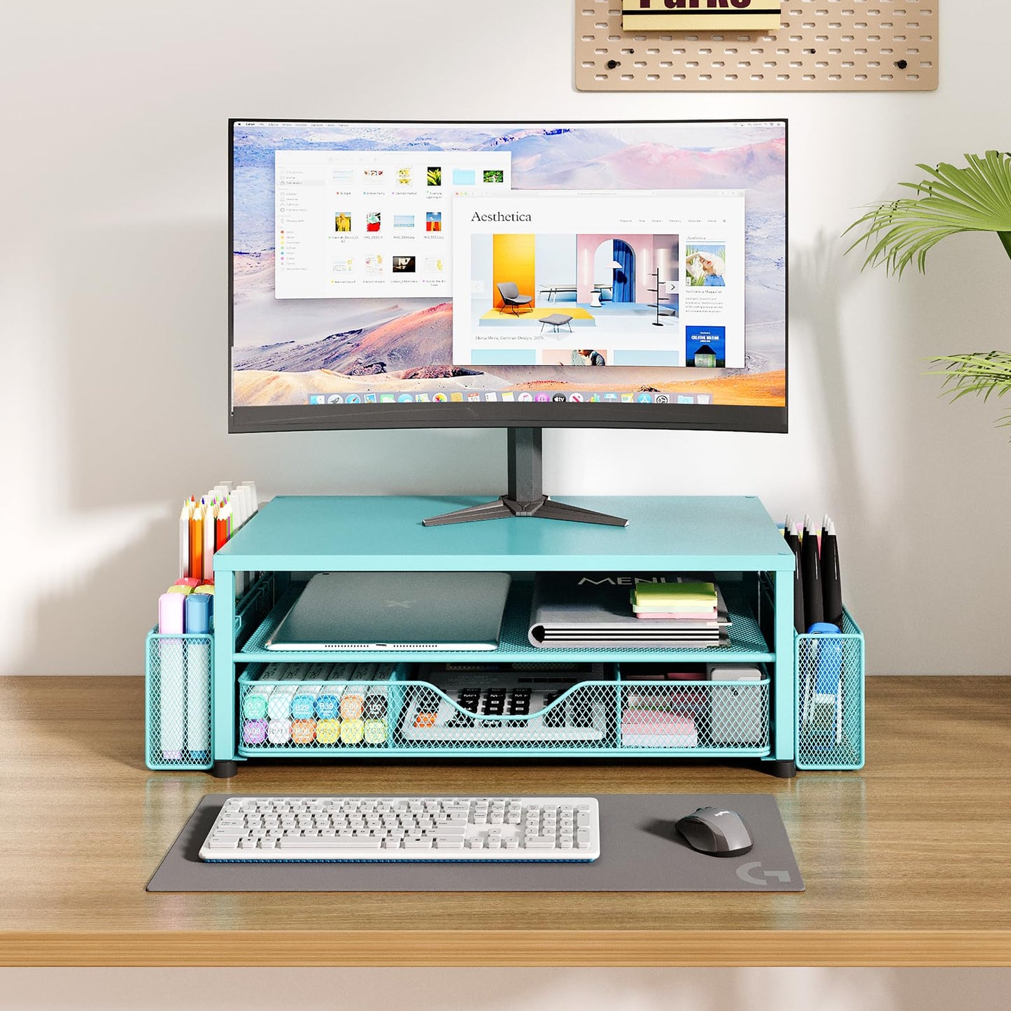 OPNICE Desk Organizers and Accessories, 2-Tier Computer Monitor Stand Riser with Drawer and 2 Pen Holders, Laptop Stand, Office Desk Accessories for Office Supplies, Teal Blue
