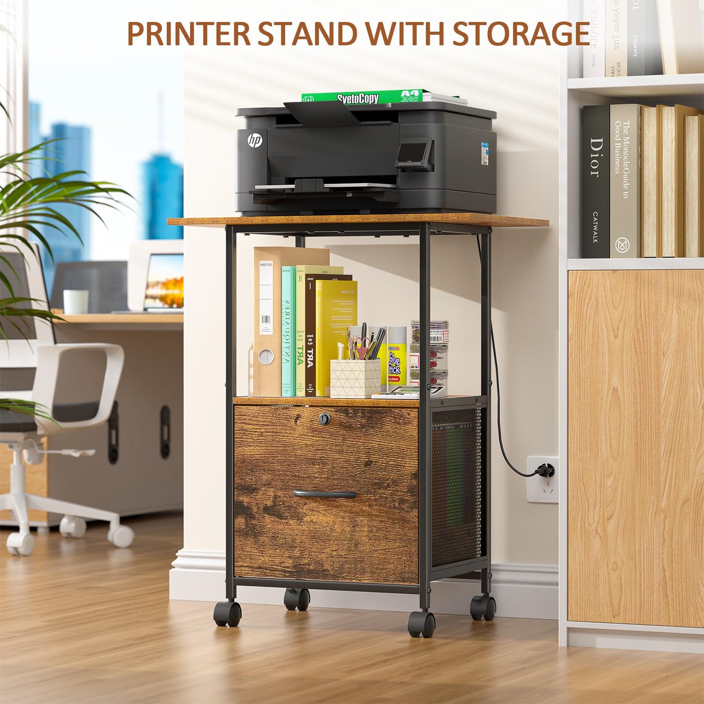 ThreeHio Small Filing Cabinet with Lock, Printer Stand with File Storage, Rolling Locking File Cabinet with Drawer Vertical File Cart with Wheels, Lockable Filing Cabinet for Home Office
