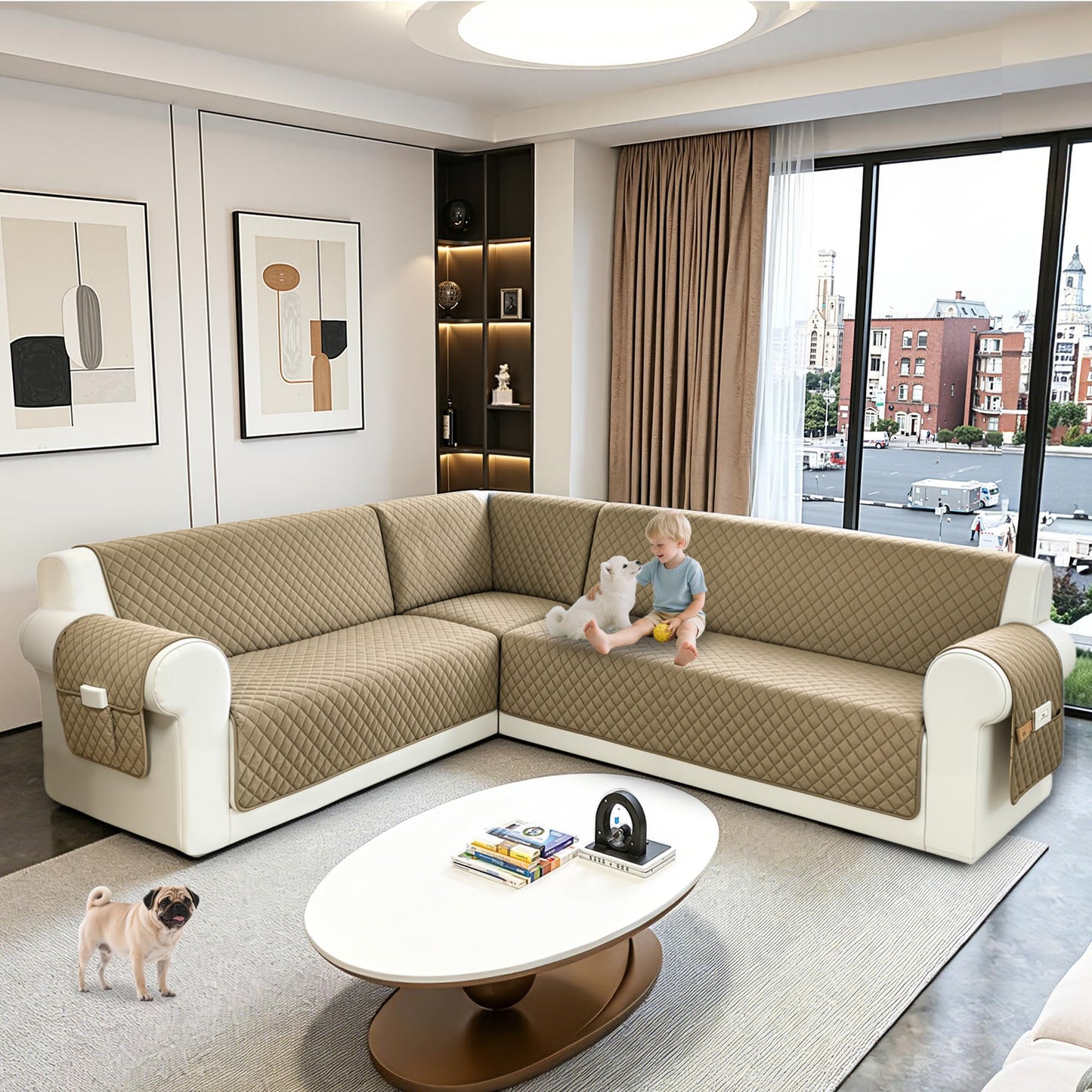 SYJOVIA Sectional Couch Covers for Dogs 100% Waterproof Corner L Shaped Sofa Cover Pet Friendly Velvet Washable Anti Slip L Shape Modular Sofa Slipcover Protector with Pockets (Camel, X-Large)