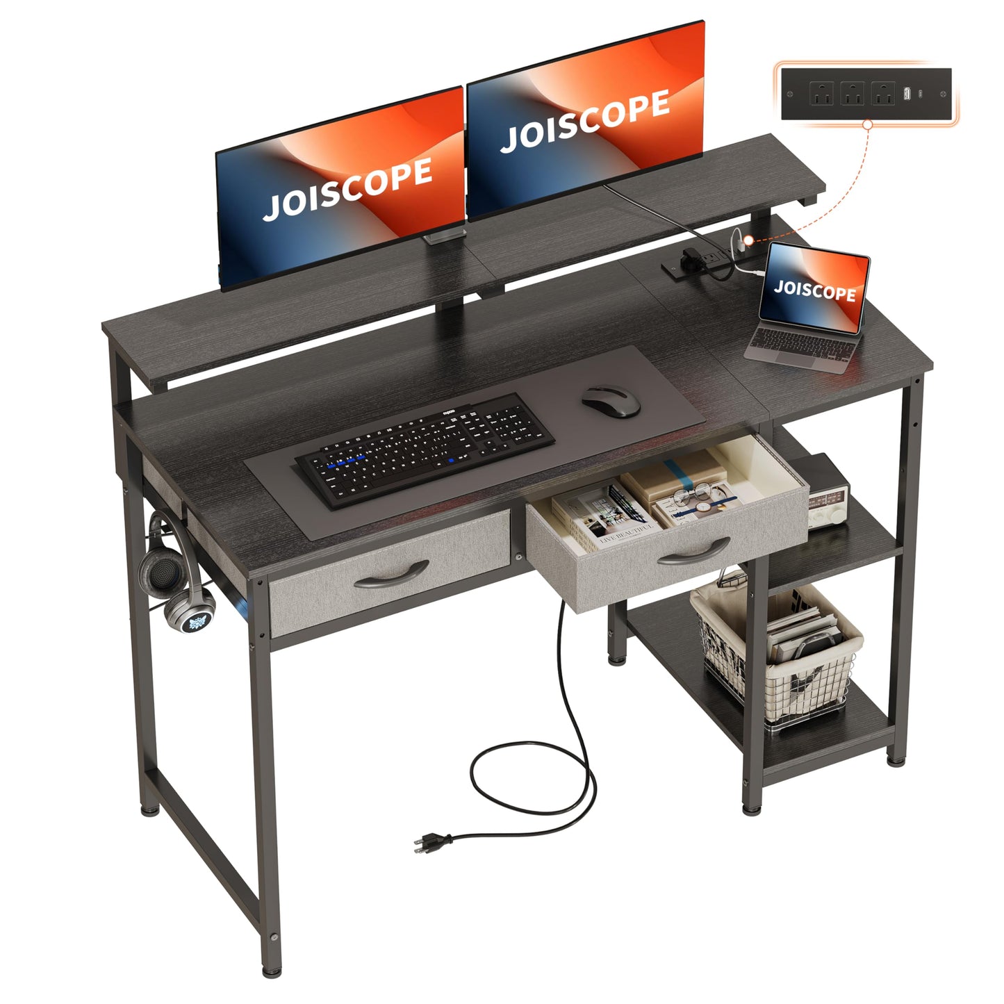 JOISCOPE Home Office Desk with Power Outlets (3AC, USB, Type-C), 48 × 20 Inch Computer Desk with 2 Drawers & Shelves, Laptop Table with Display Riser, Gaming Study Drafting Table for Bedroom, Black