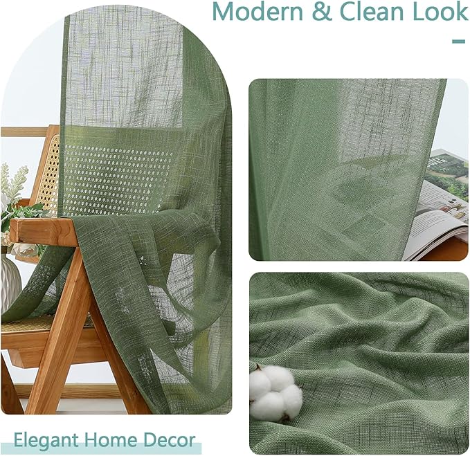 Chyhomenyc Sage Green Semi Sheer Curtains 36 Inch Length, Light Filtering Faux