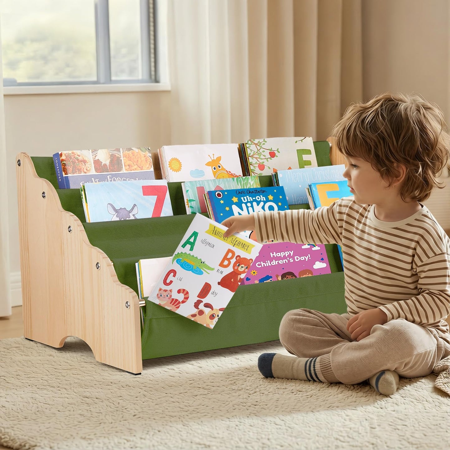 BeMarve Toddlers Bookshelf 100% Solid Pine Wood Montessori Nursery Bookcase 4-Tier Large Capacity, Sling Book Rack Organizer with Wavy Safety Edges for Kids Playroom Bedroom Classroom, Sage Green