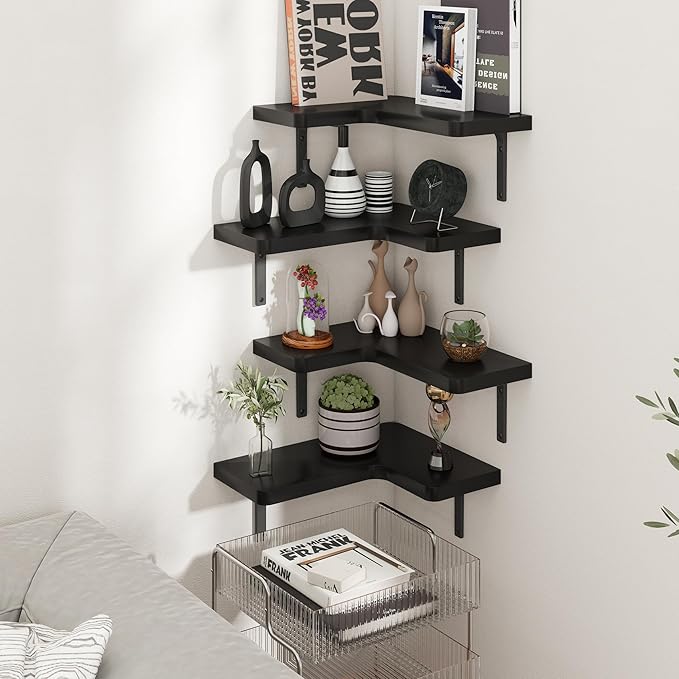 Venusmiles Corner Floating Shelves Set of 4, Wall Mounted L-Shaped Storage