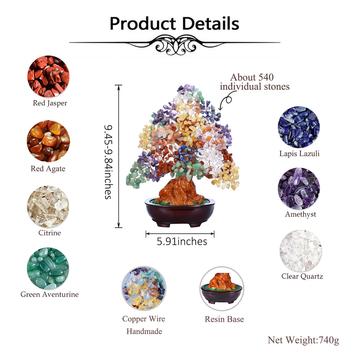 Top Plaza 7 Chakra Healing Crystal Tree 10 Inch Stone Bonsai Tree Feng Shui Good Luck Wealth Money Trees Decor Business Gift for Office Home Living Room