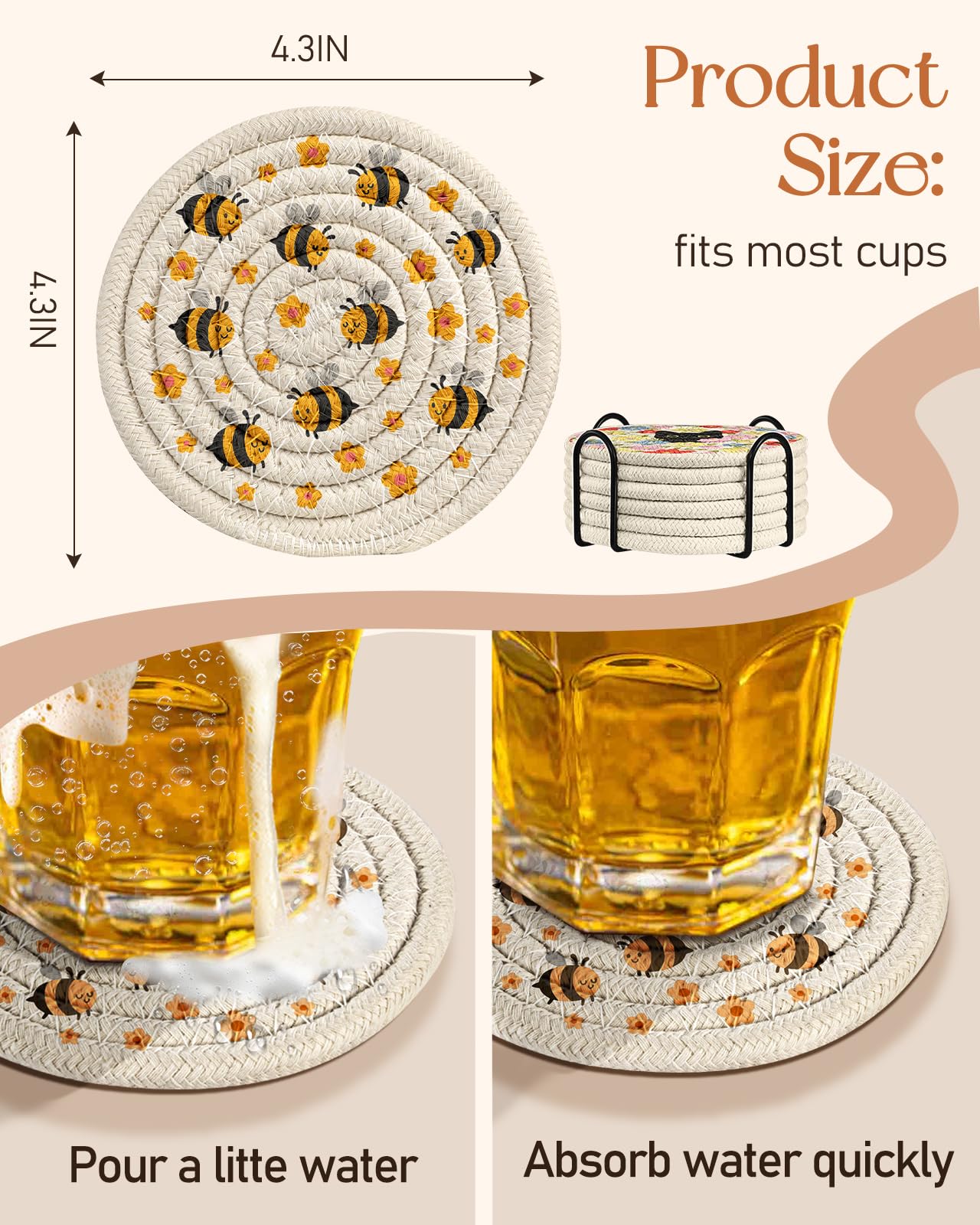 Kokaaee Drink Coasters Set of 6 - Cup Absorbent Coasters for Drinks Coffee Table Home Office Desk Decor Soft Woven Cotton Cloth Braided Fabric Drinking Cup Mat with Holder Cute Kawaii Bee