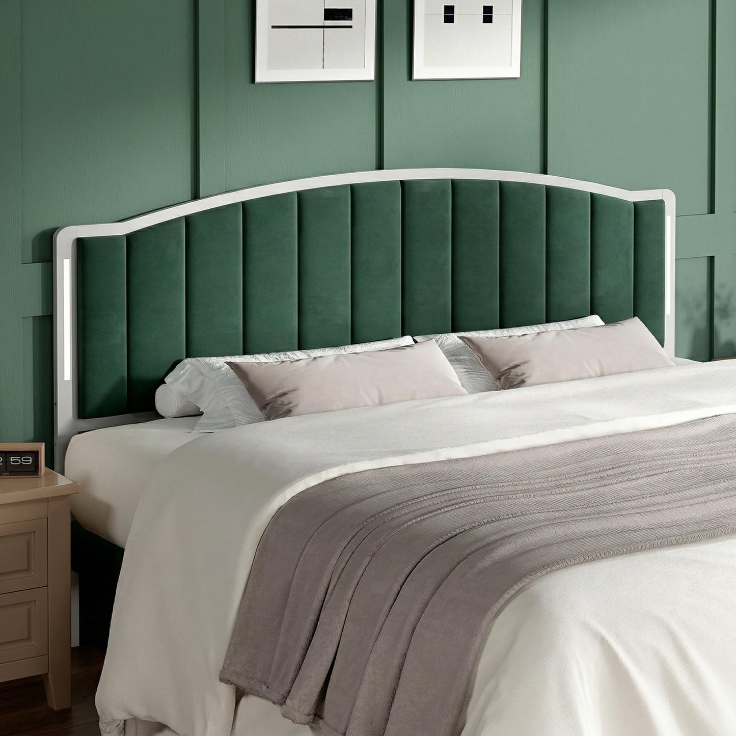 Salamir Headboard for Queen Size Bed with LED Lights, Upholstered Vertical Channel Tufting Head Boards, Velvet Headboard Only, Attach Frame, Ideal for Bedroom, Dorm, Guest Room, Green