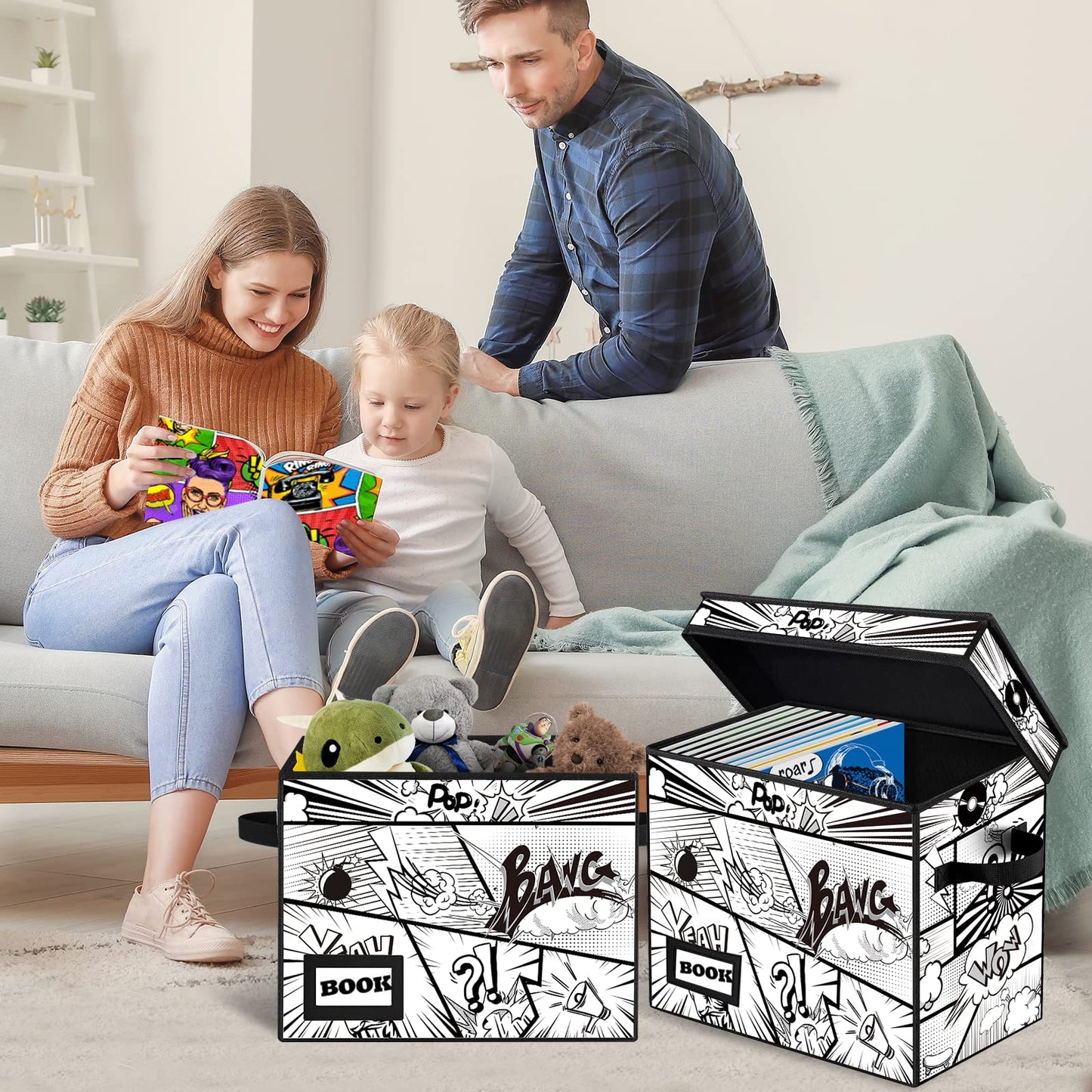 YNSZAS Comic Book Storage Box, 15.8" X 7.8" X 11.8", Heavy Duty Collapsible Holds 160-180 Comic Book Bin Container Holder Shelf (Cartoon Bombs)