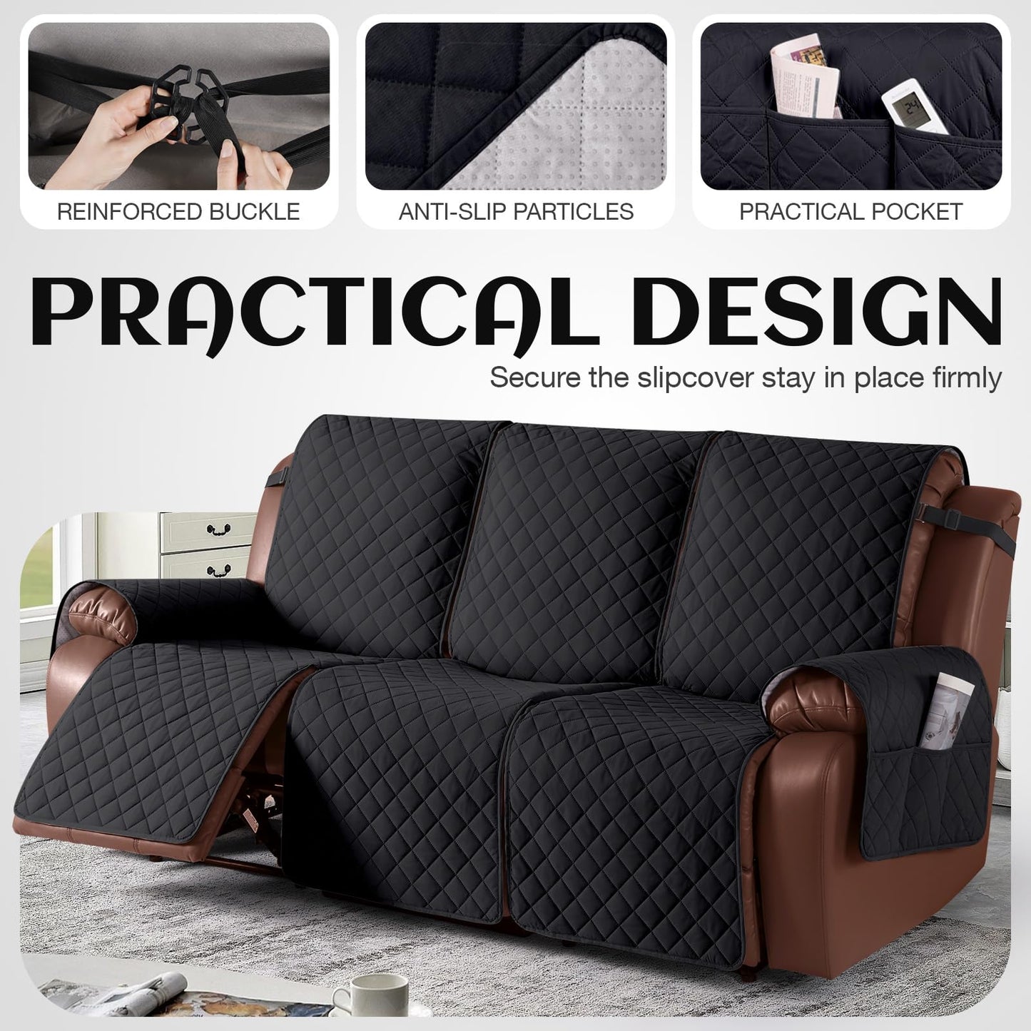 KinCam Recliner Sofa Covers for 3 Seat, 100% Waterproof Reclining Couch Covers, Non-Slip Recliner Couch Cover Furniture Protector with Elastic Straps for Pets, Kids, Black