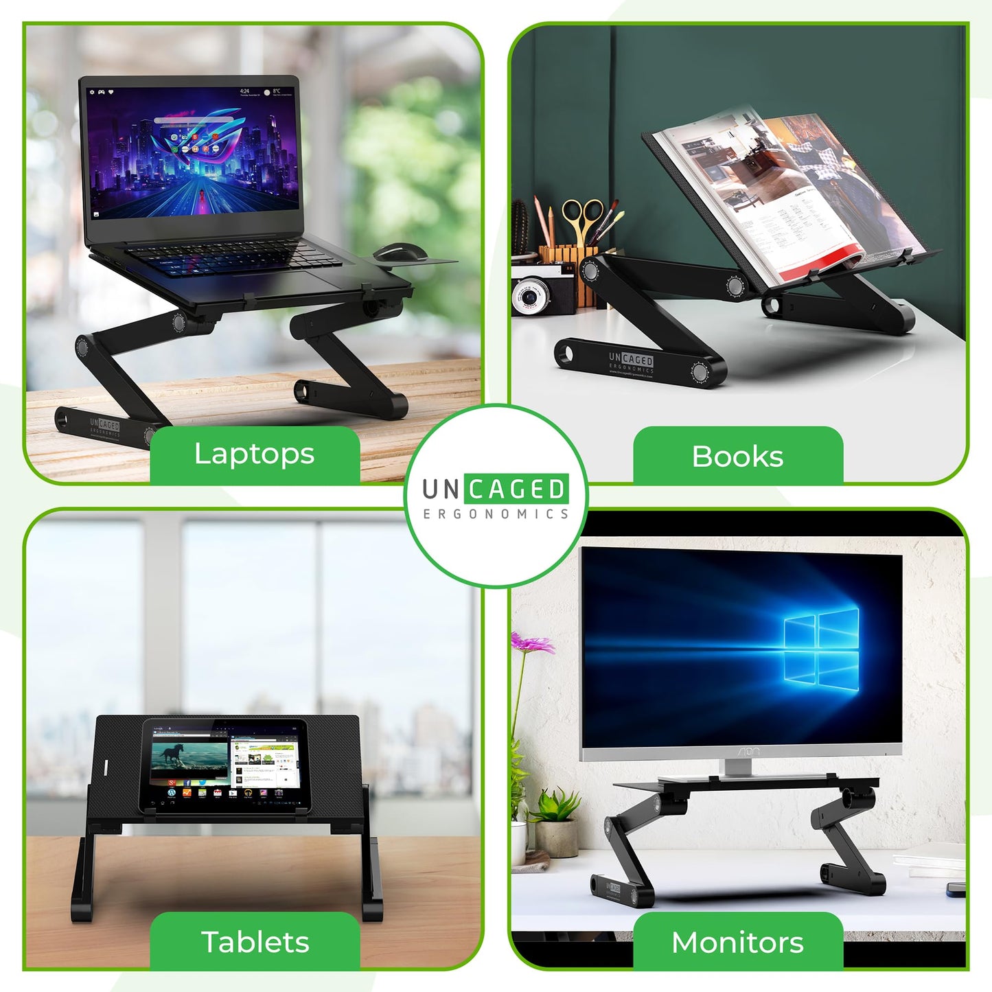 Uncaged Ergonomics WorkEZ Adjustable Laptop Stand for Desk, Laptop Stand Adjustable Height, Foldable Aluminum Cooling Computer Holder & Riser for Desk Bed, Black, XL