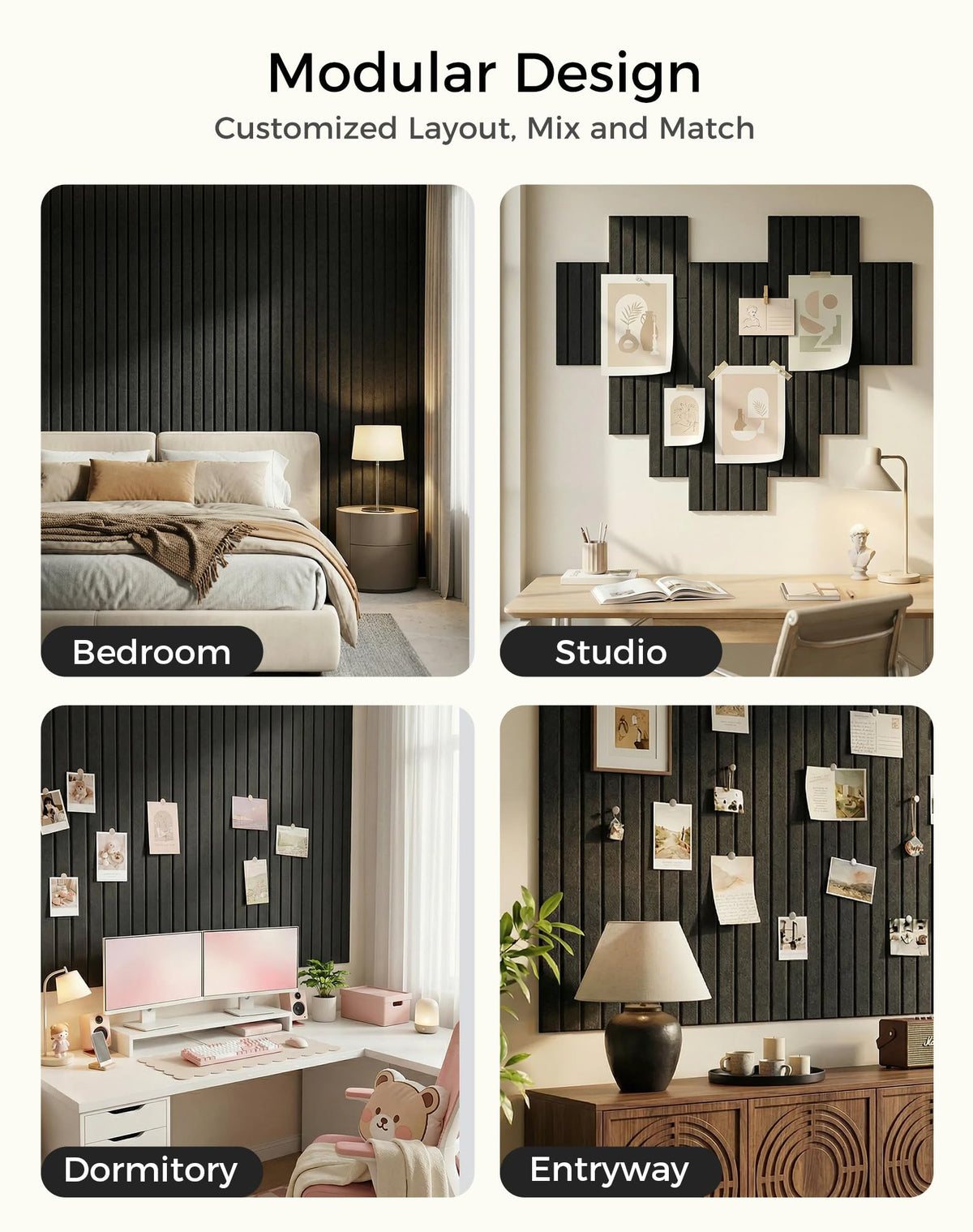 Aothia 12-Pack Felt Bulletin Board Tiles 48"x36", Modular Pin Board for Smooth Walls, Cork Board Alternative for Notes & Photos, 0.35" Thick, 70 Adhesive Tabs & 40 Pins, Black