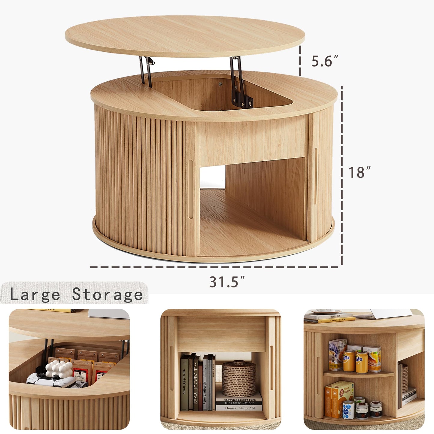 LINSY Lift Top Coffee Table, Round Fluted Coffee Table with Storage, Boho Wooden Coffee Tables with Sliding Tambour Door, 31.5" Center Table for Living Room, Office, Small Space, Natural Oak