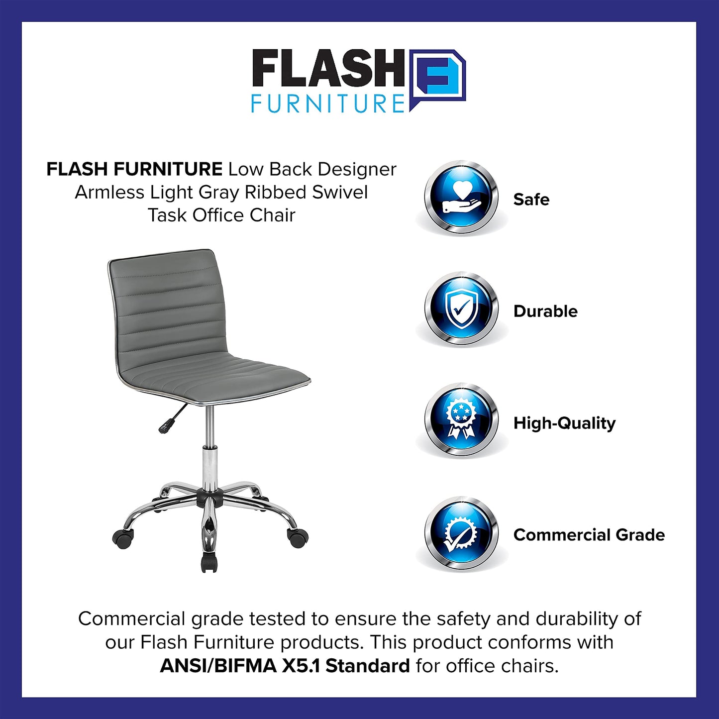 Flash Furniture Alan Low Back Designer Armless Light Gray Ribbed Swivel Task Office Chair