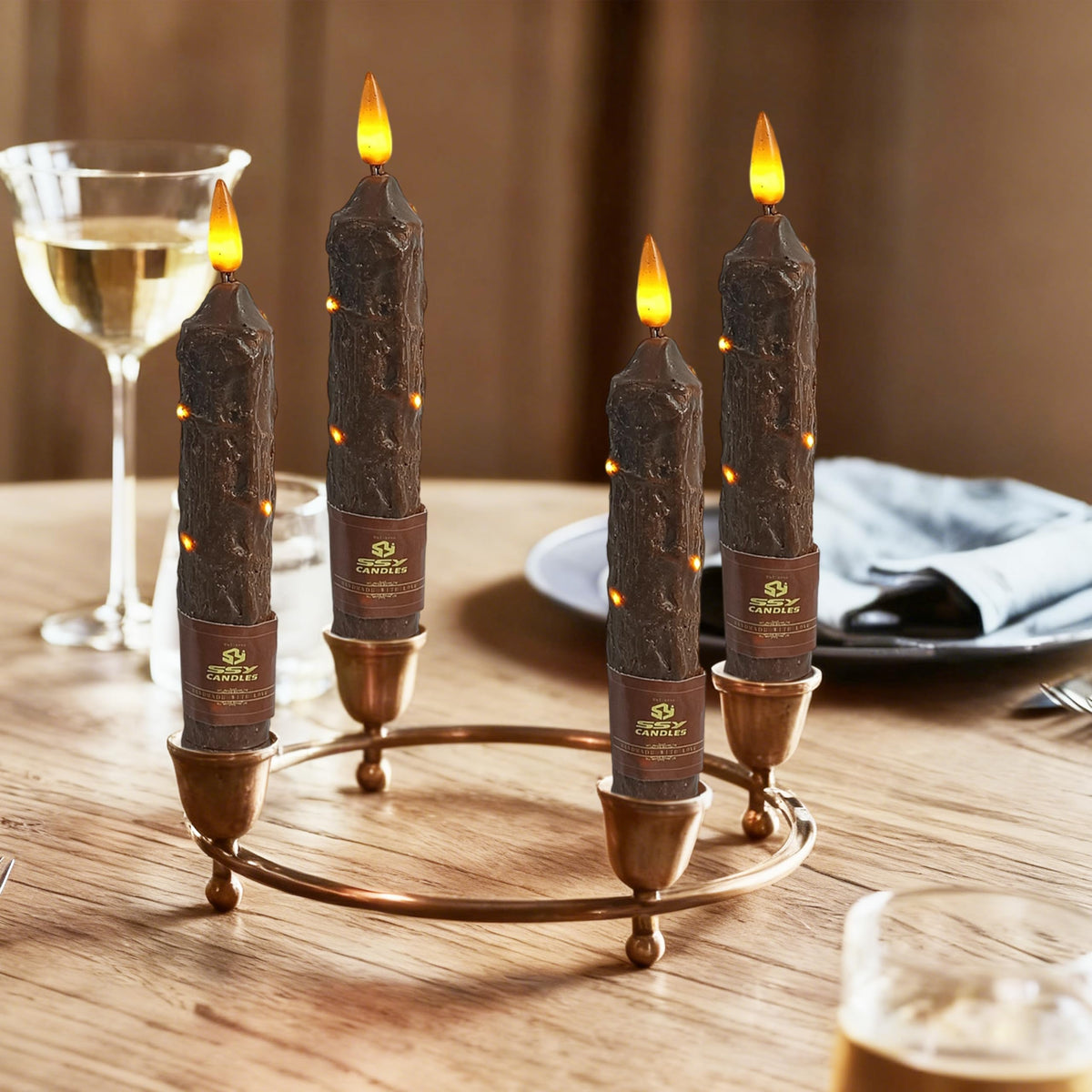 XINAOBAOLUO 6.5 inch Flameless Brown Taper Candles Flickering with 10-Key Remote, Battery Operated Led Warm 3D Wick Light Window Candles Real Wax Pack of 4, Christmas Home Wedding Decor