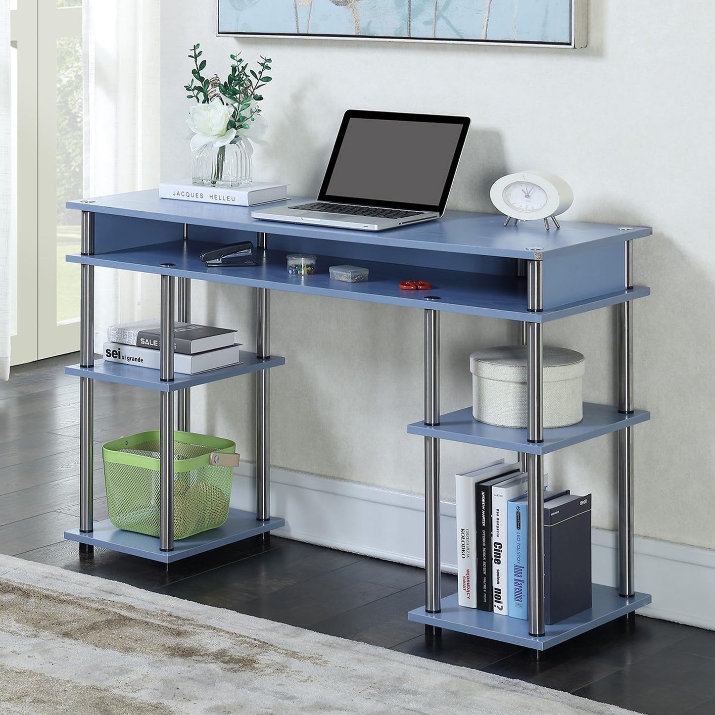 Convenience Concepts Designs2Go No Tools Desk Home Office Desk with Shelves, Corner Shelf Vanity Desk Computer Desk Nail Table for Nail Tech - 47.25" L x 15.75" W x 30" H, Blue