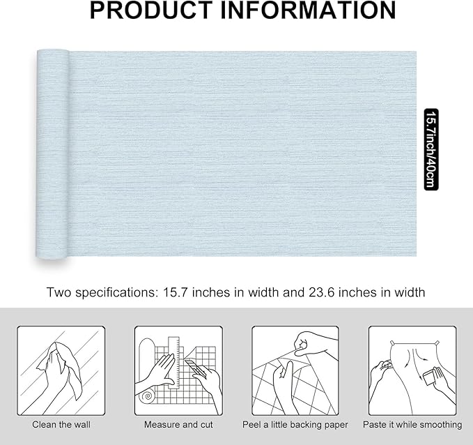 Light Blue Textured Grasscloth Peel and Stick Wallpaper, Waterproof Removable