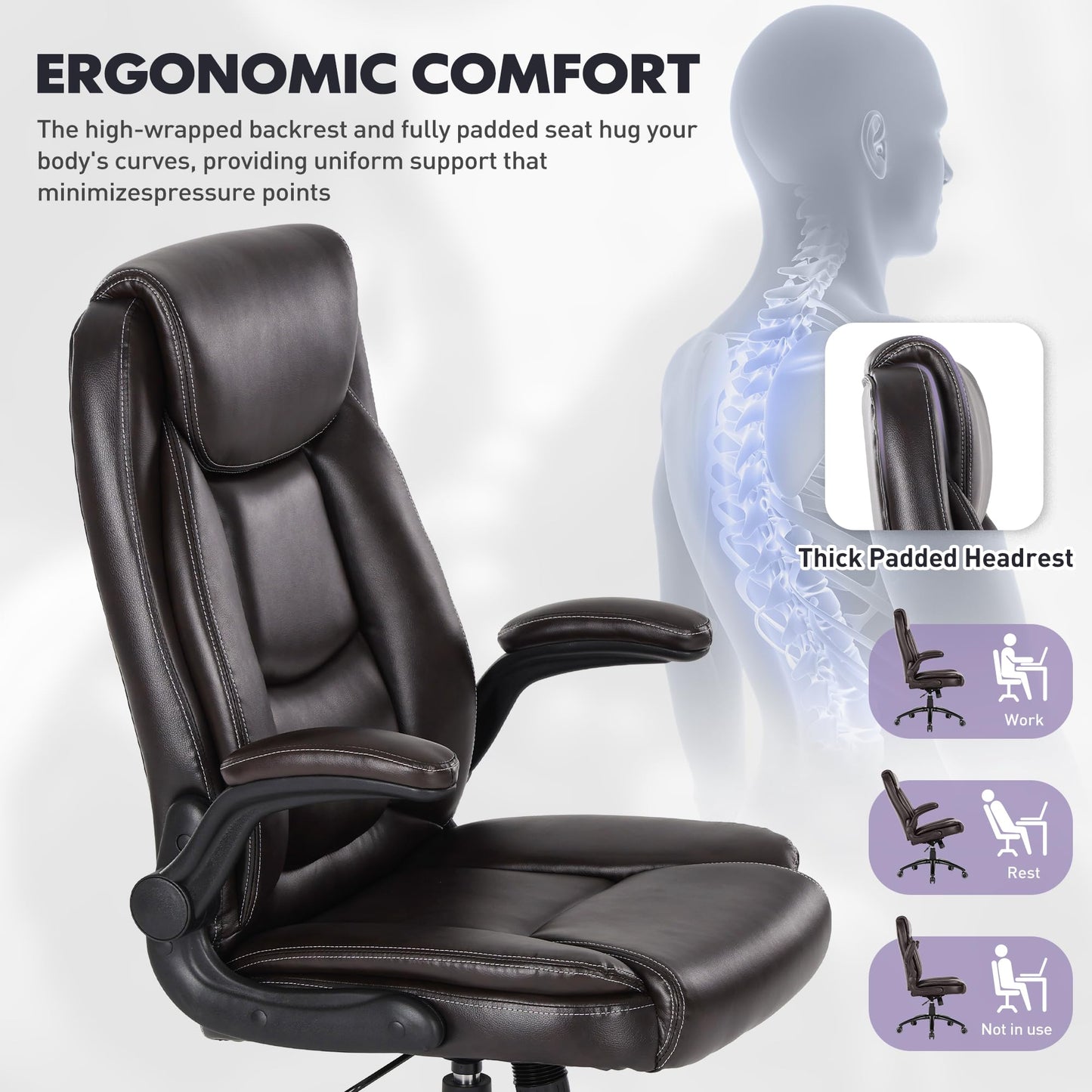 MALOL Ergonomic PU Leather Office Chair with Flip-Up Armrests & Reclining Backrest, 300lbs Thick Padded Seat Executive Desk Chair-Adjustable Height & Tilt Tension, Brown