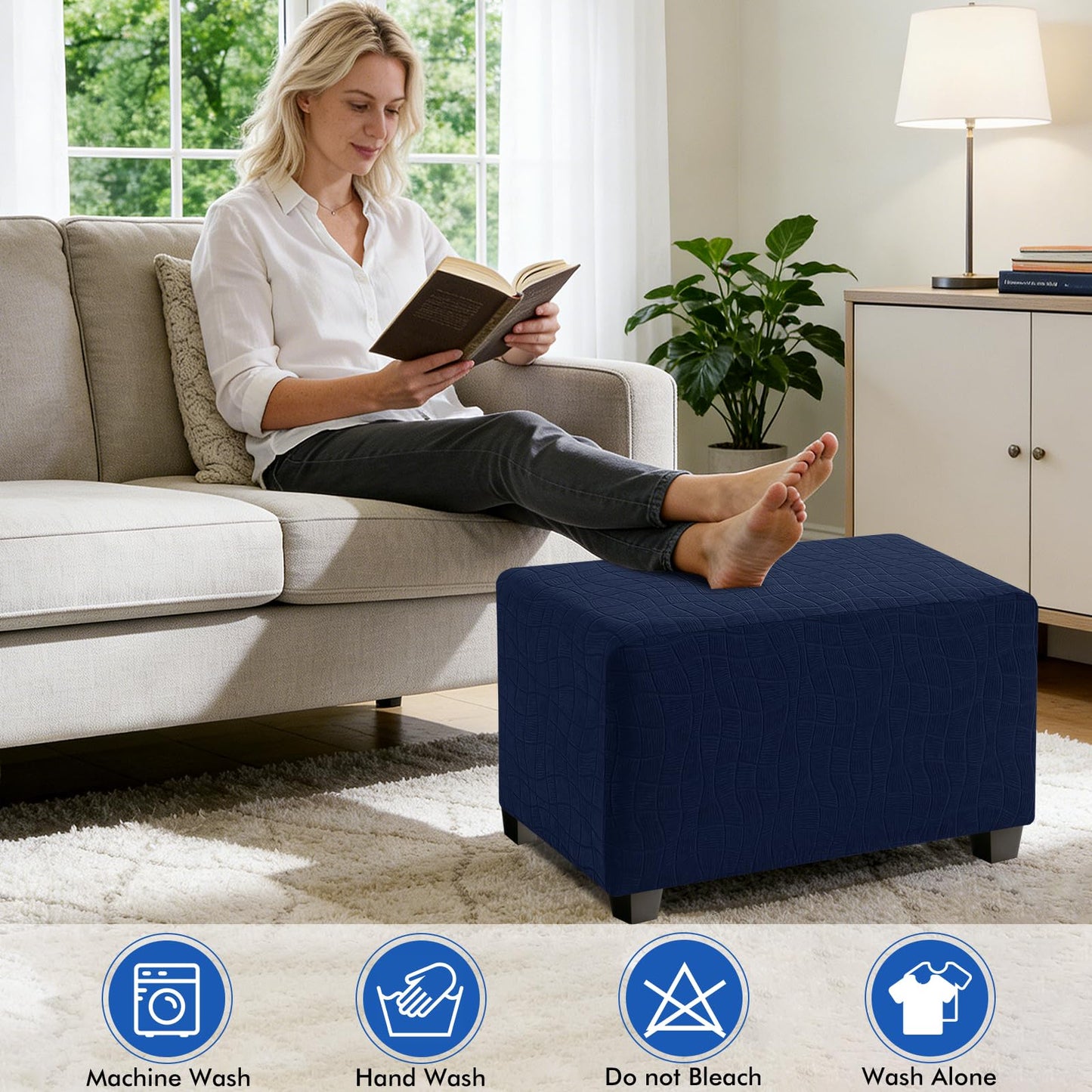 MAXIJIN Waterproof Ottoman Cover Rectangle Stretch Ottoman Slipcovers Square Thick Stool Covers Storage Footrest Furniture Protector with Non-Slip Elastic Bottom (Small, Navy Blue)