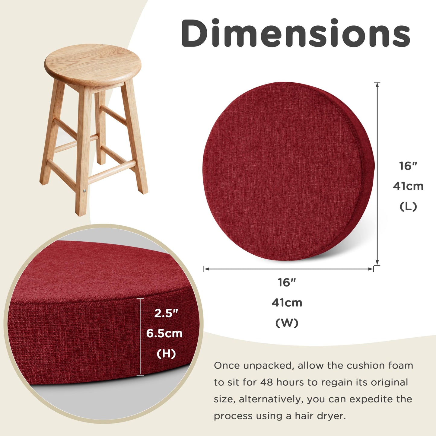 AddGrace 2.5" Thick Non Slip Round Chair Pad 1 Pack, 16" Round Chair Cushion with Machine-Washable Cover and Long Zipper, Seat Cushions for Kitchen, Office, Floor and 16" Ottoman, Red