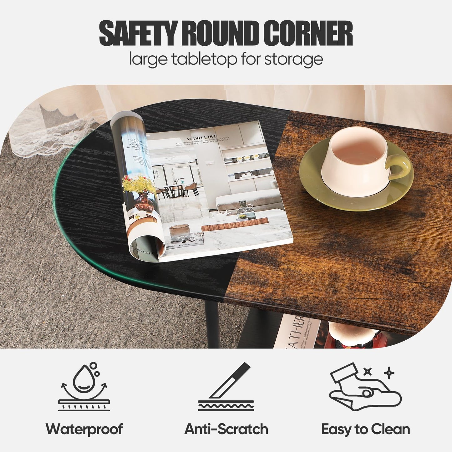 KANEODOT Coffee Tables for Living Room,Mid Century Small Oval Center Table with 2-Tier Storage Shelf and Wood Tabletop,Farmhouse Narrow Cocktail Tea Table for Small Space,Apartment,Black Brown