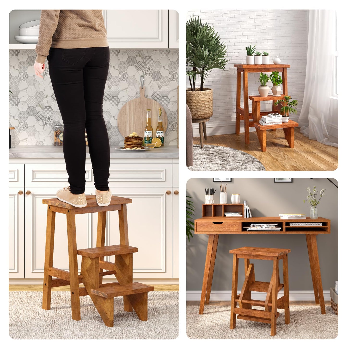 Costzon Folding 3 Step Stool, 3 in 1 Wooden Step Ladder with Handle, Non-Slip Pedal, Multifunctional Storage Shelf, Flower Rack for Kitchen, Library, Garage, Foldable Step Stool for Adults Kids