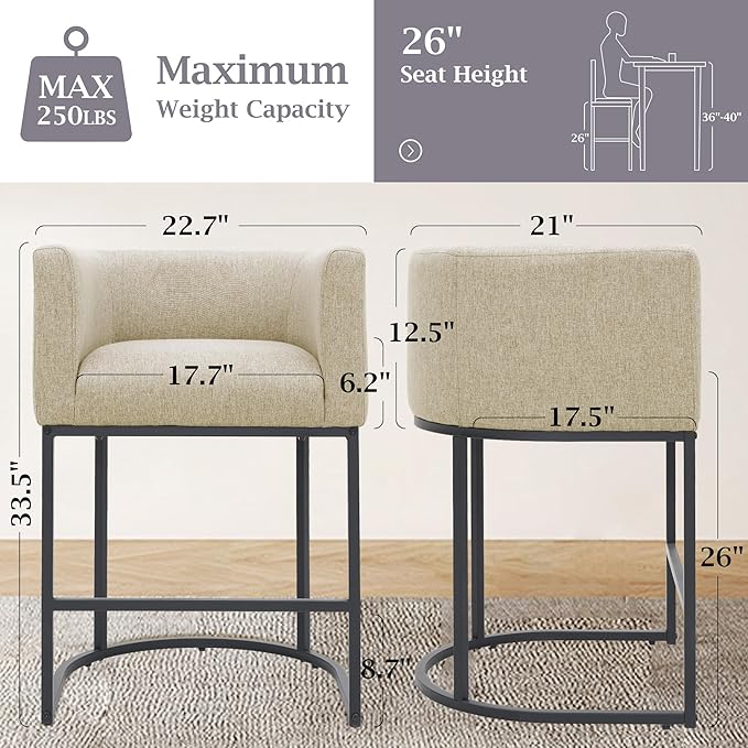 ClinQ 26" H Counter Height Bar Stools Set of 2, Modern Barrel Counter Stools