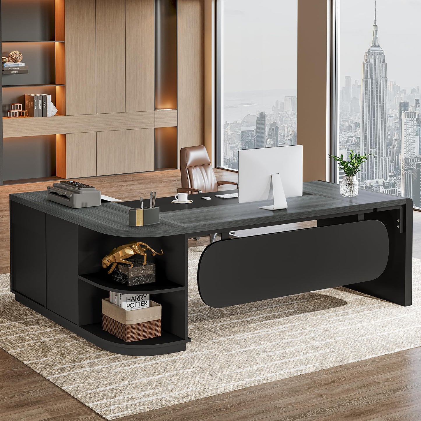 Tribesigns 80'' L-Shaped Desk, Large Executive Office Desk with 55'' Drawers Cabinet, Modern Commercial Office Table with Storage Shelves, Business Furniture for Home Office, Grey & Black