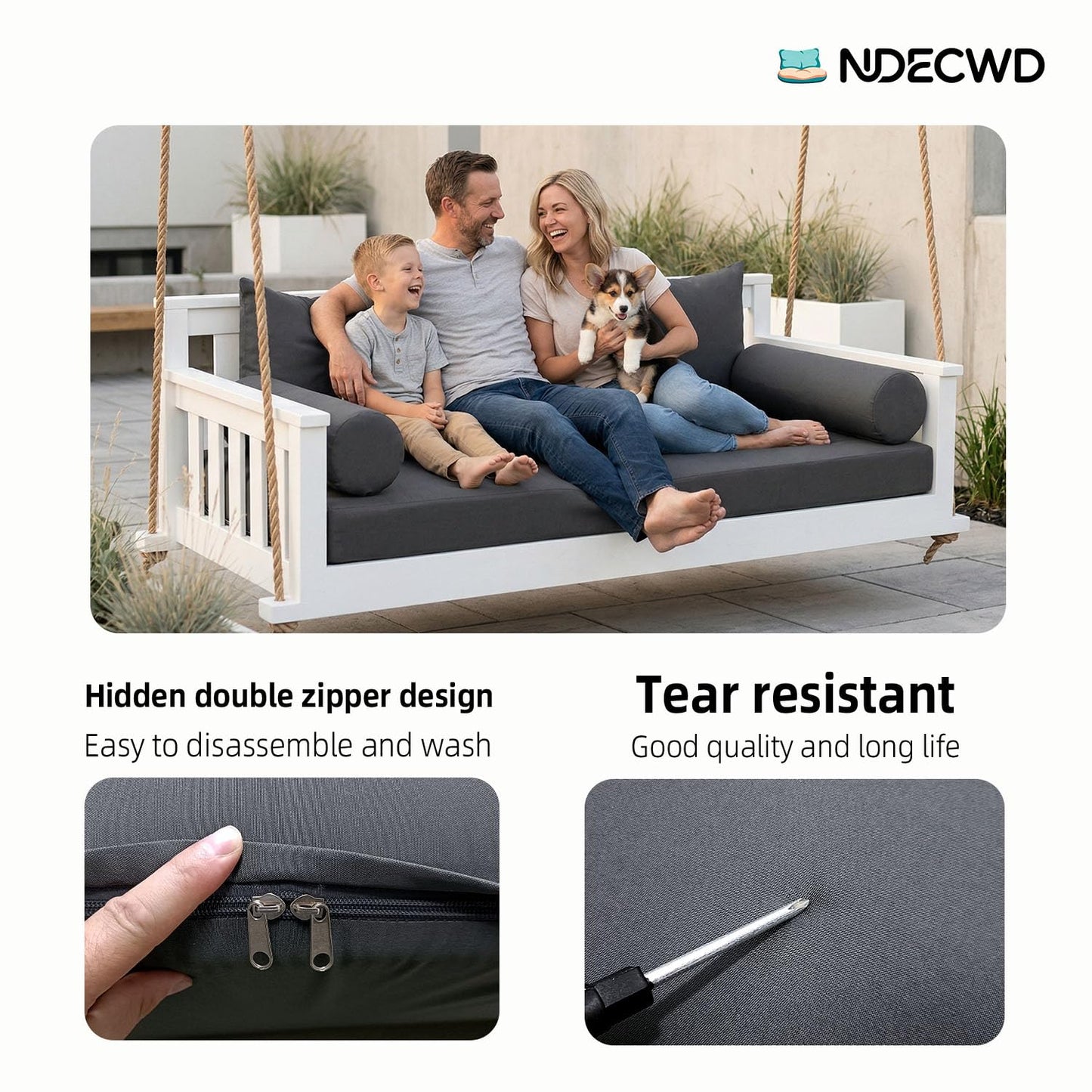 Twin Size Daybed Cushion Cover, Water-Repellent Porch Swing Mattress Slipcover (Fits 6" Depth), Heavy-Duty UV Resistant Patio Bed Protector with U-Shaped Zipper, Cover Only (Dark Gray, 75*39*6in)