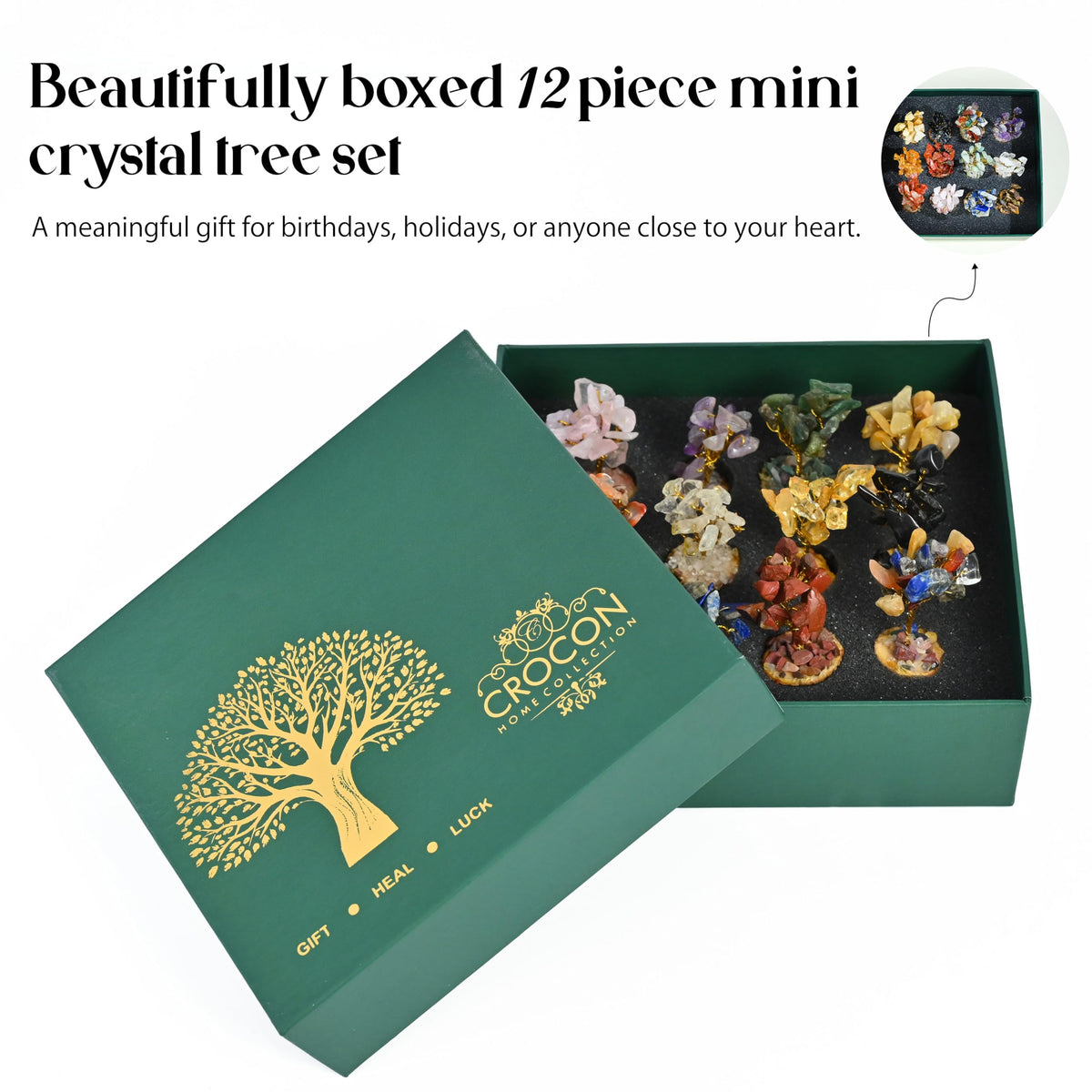 Crocon® Set of 12 Crystals Mini Stone Tree of Life Birthday Gifts for Women, Home & Office Decor, Money Tree Healing Crystals Gift Set Mom & Father Gift Ideas Housewarming Gifts New Home Sister & Dad