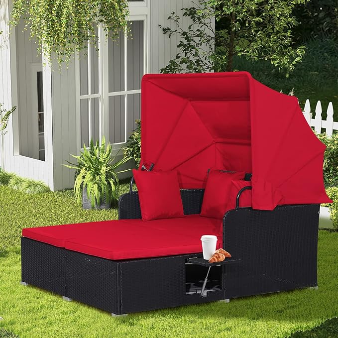 COSTWAY Outdoor Daybed with Retractable Canopy, Wicker Patio Furniture Set with