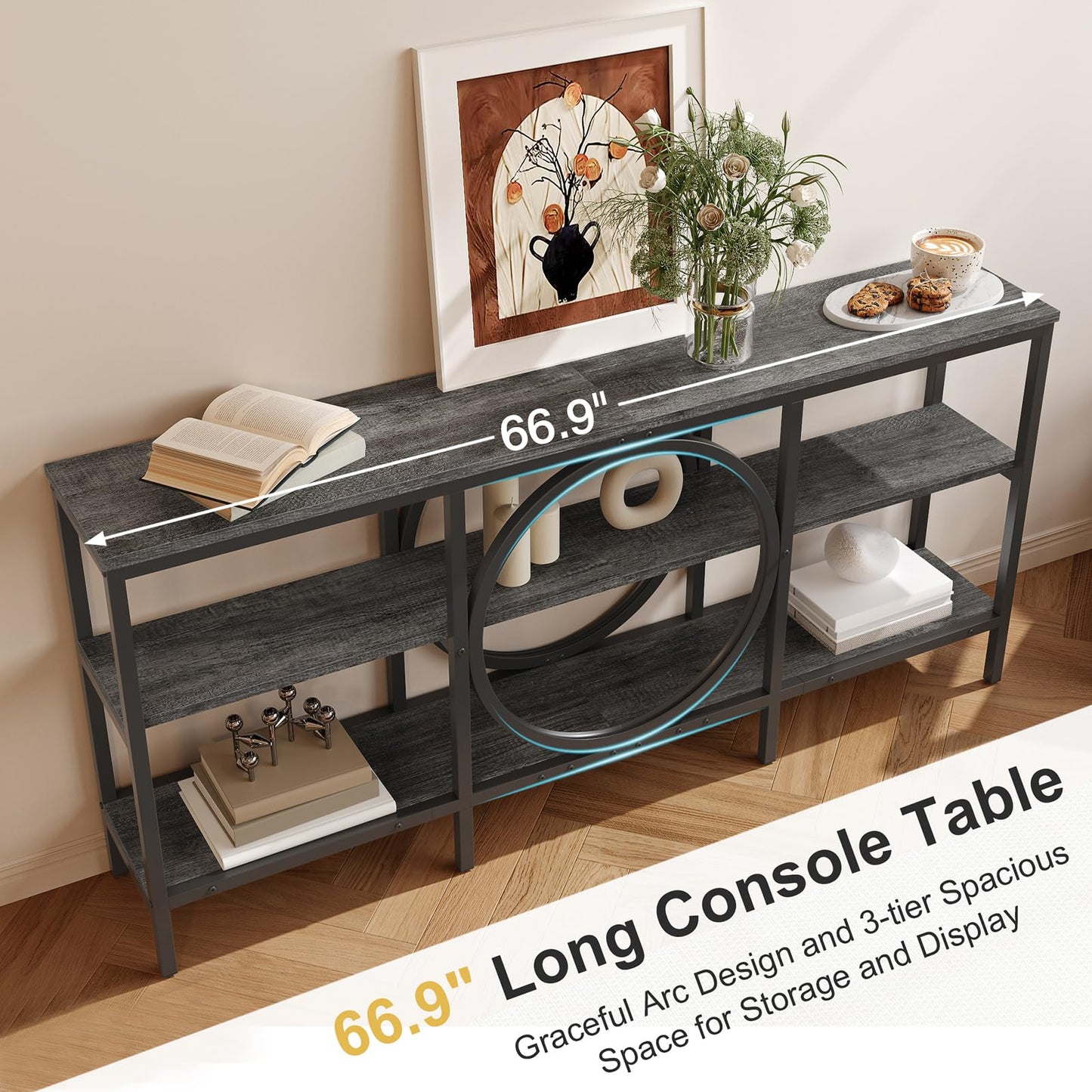 Tarnorci 66.9'' Console Table, 3-Tier TV Stand with Storage, Home Sofa Living Room Table Behind the Couch for Entryway (Grey Oak+Black)