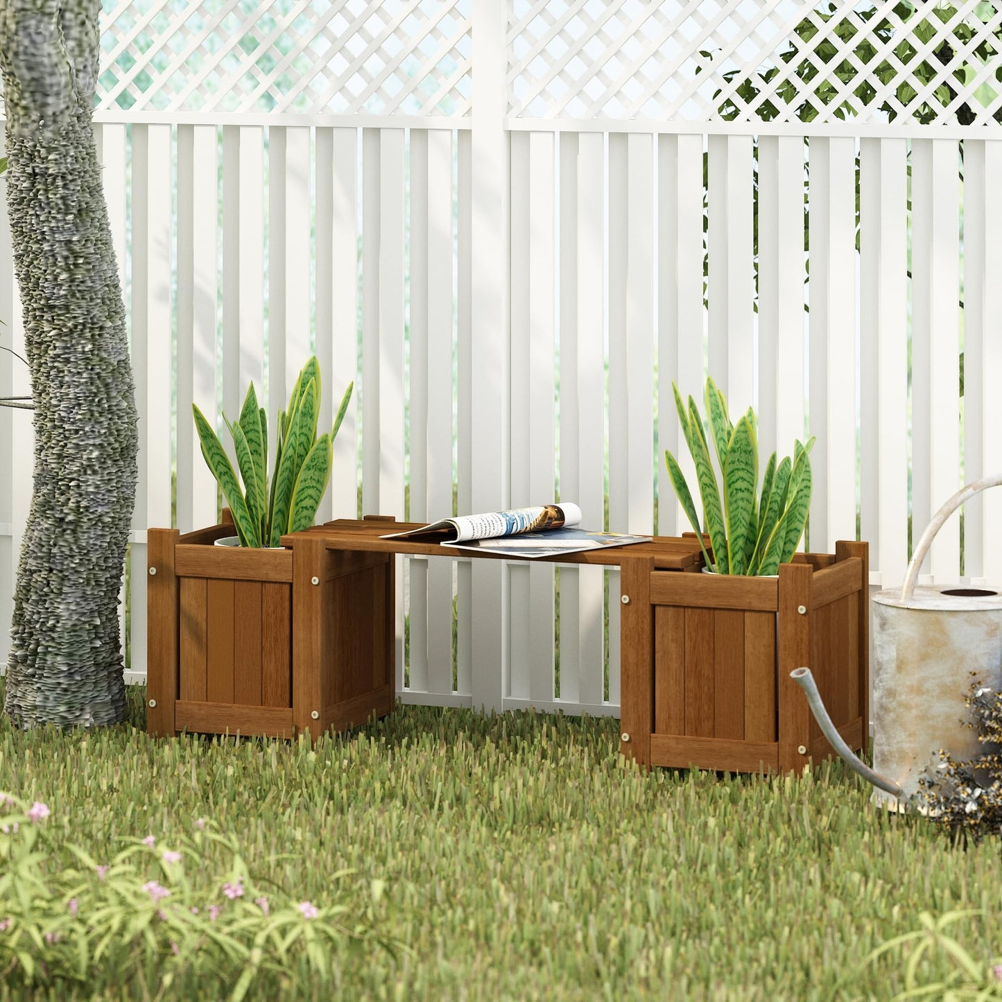Furinno TIOMAN Mini Planter Box with Bench, Hardwood Flower Box with Seat, Cube Garden Box, in Teak Oil, Outdoor Indoor, Garden, Patio, Balcony, Light Wood