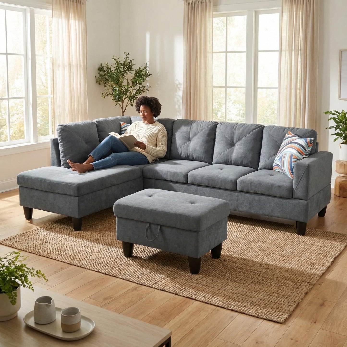 Trygoal 3-Piece L-Shaped Modular Leather Sofa – Convertible Sectional Couch with Movable Chaise & Storage Ottoman, Multi-Scene Use for Living Room, Apartment & Office, Dark Grey