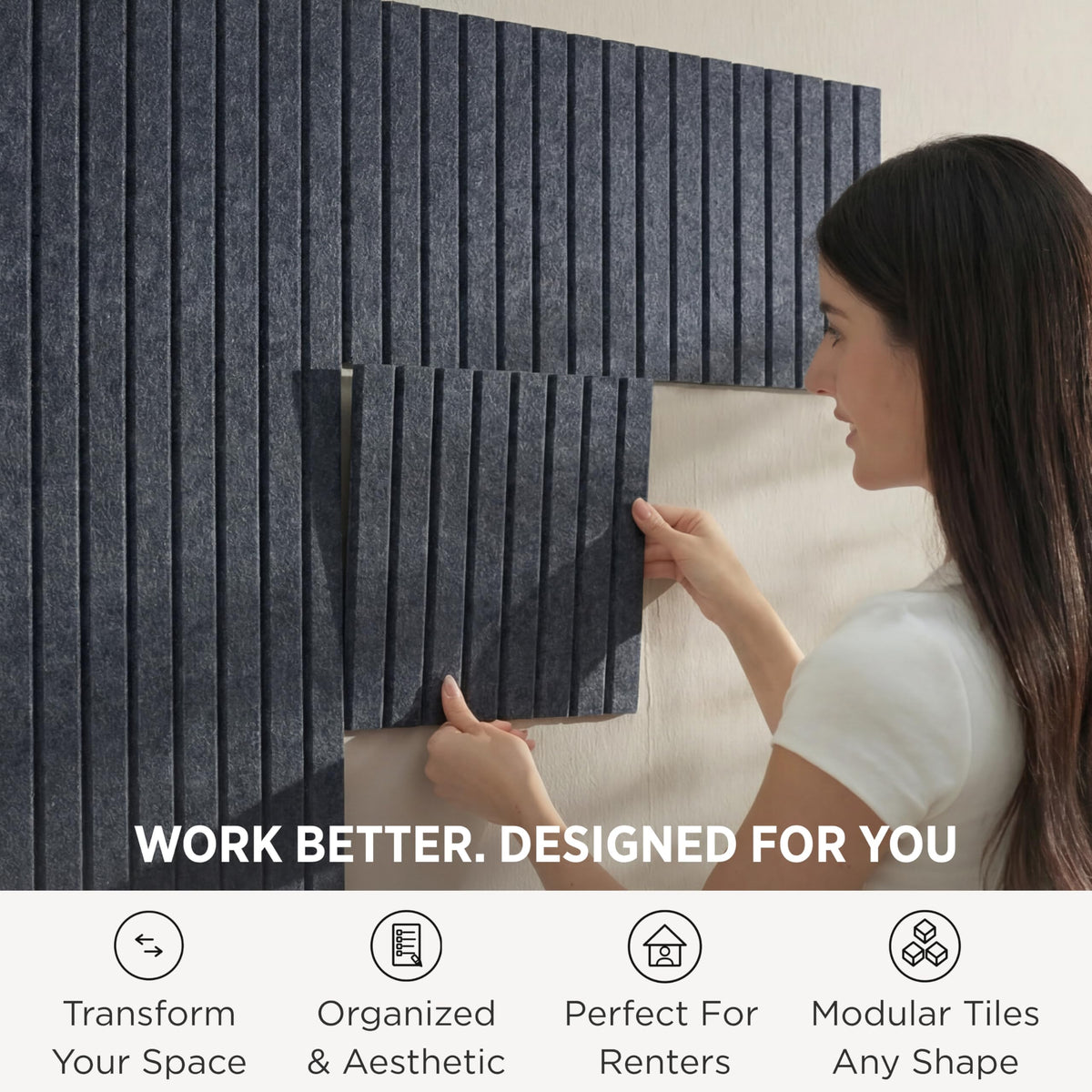 VIVELDA Felt Bulletin Board Tiles 48"x36" - 12-Pack Cork Board Alternative, OEKO-TEX Certified, NRC 0.95 Acoustic Wall Panels, Damage-Free Adhesive, Slatted Design, Home Office & Classroom (Moonstone)