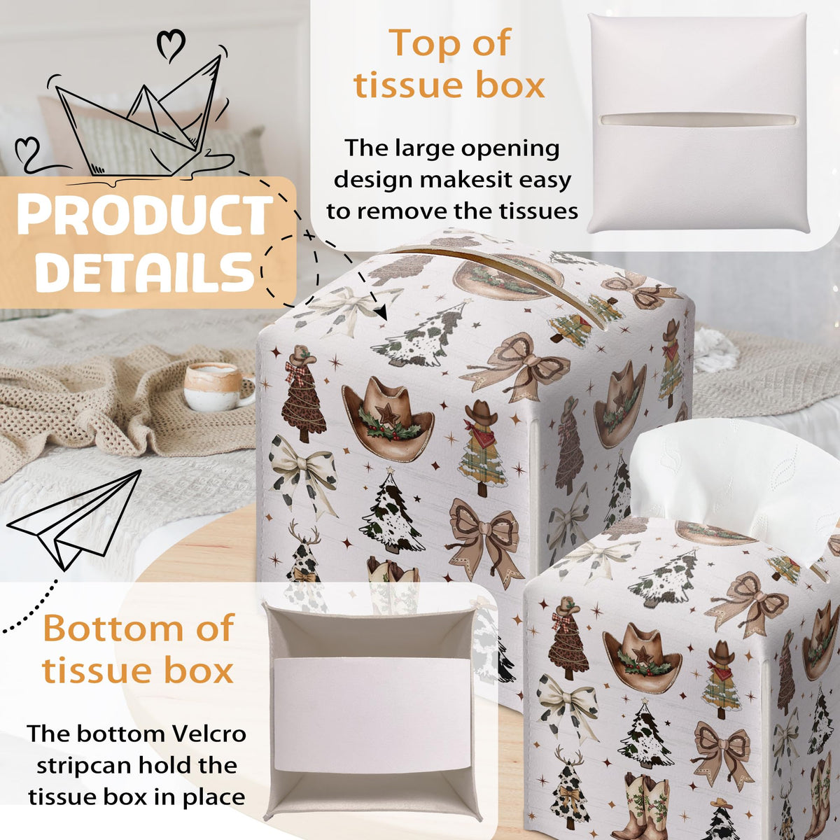 Country Christmas Tissue Box Holder, Cowgirl Boots Hat Christmas Trees Leather Tissue Box Cover Square, Paper Facial Decorative Tissues Cover for Bathroom Kitchen Office Home Decor-B33