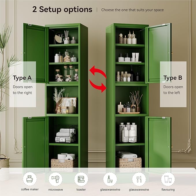 YAUWOH 2-Door Metal Storage Cabinet, Tall Slim Pantry Organizer