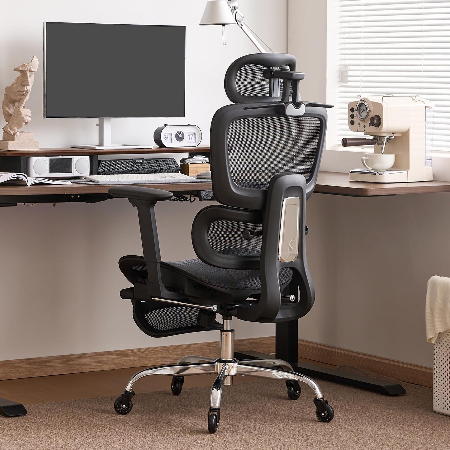 LarkLeaves Office Chair with Footrest, Ergonomic Chair with Neck Pillow & Rubber Wheels, Computer Chair with Adjustable Backrest & 3D Armrests Headrest, Gaming Chair Adaptive Lumbar Support, Black