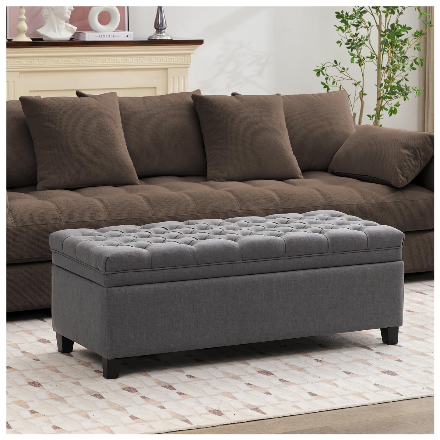 UDAX 51" Storage Ottoman for Bedroom & Living Room, End of Bed Bench with Black Wooden Legs, Linen Upholstered Tufted Ottoman, Entryway Storage Bench,Dark Grey