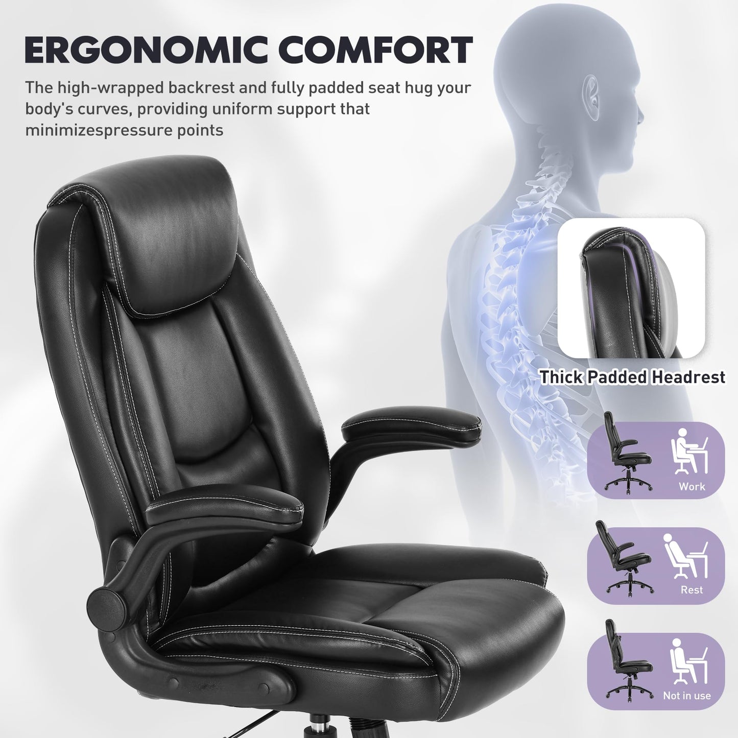 MALOL PU Leather Ergonomic Office Chair -Adjustable Height & Tilt Tension, 300lbs Thick Padded Seat Executive Desk Chair with Flip-Up Armrests & Reclining Backrest, Black