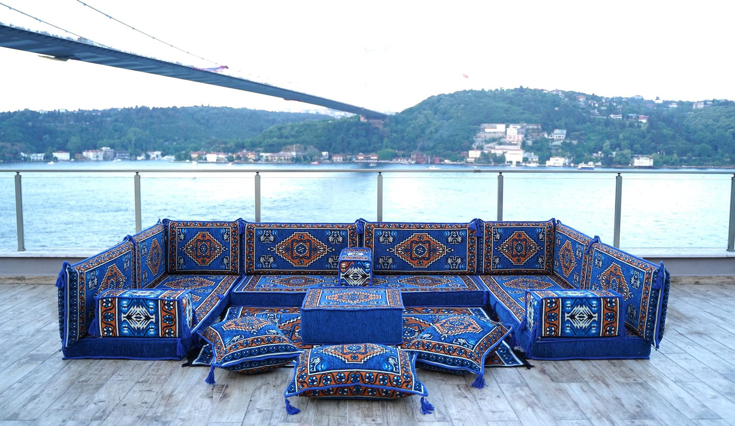 arabicsofa Blue Middle Eastern Moroccan Majlis – U Shaped Oriental Floor Seating Jalsa Modular Sofa