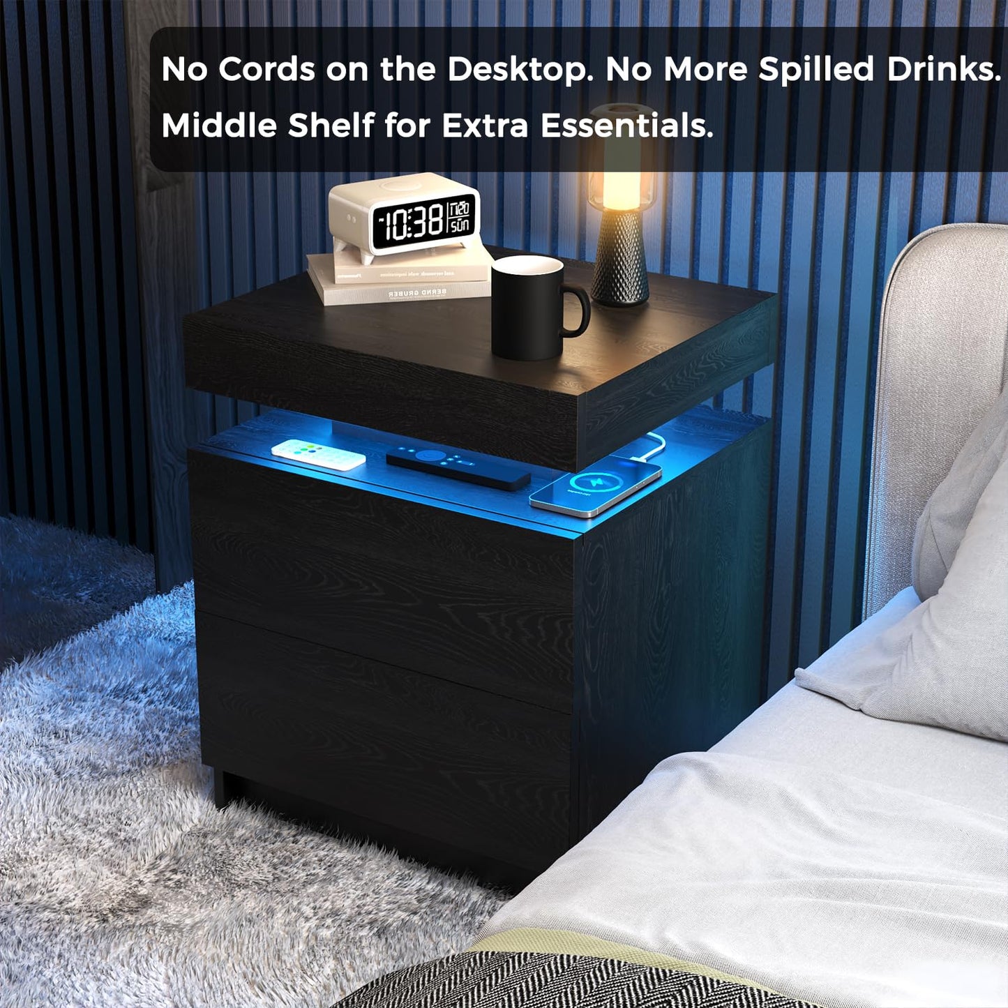 SMORBOSS LED Nightstands Set of 2, Modern Black Night Stand End Tables with APP & Remote Control LED Lighting, 2 Drawers, Open Shelf Storage, Bedside Tables for Bedroom and Living Room