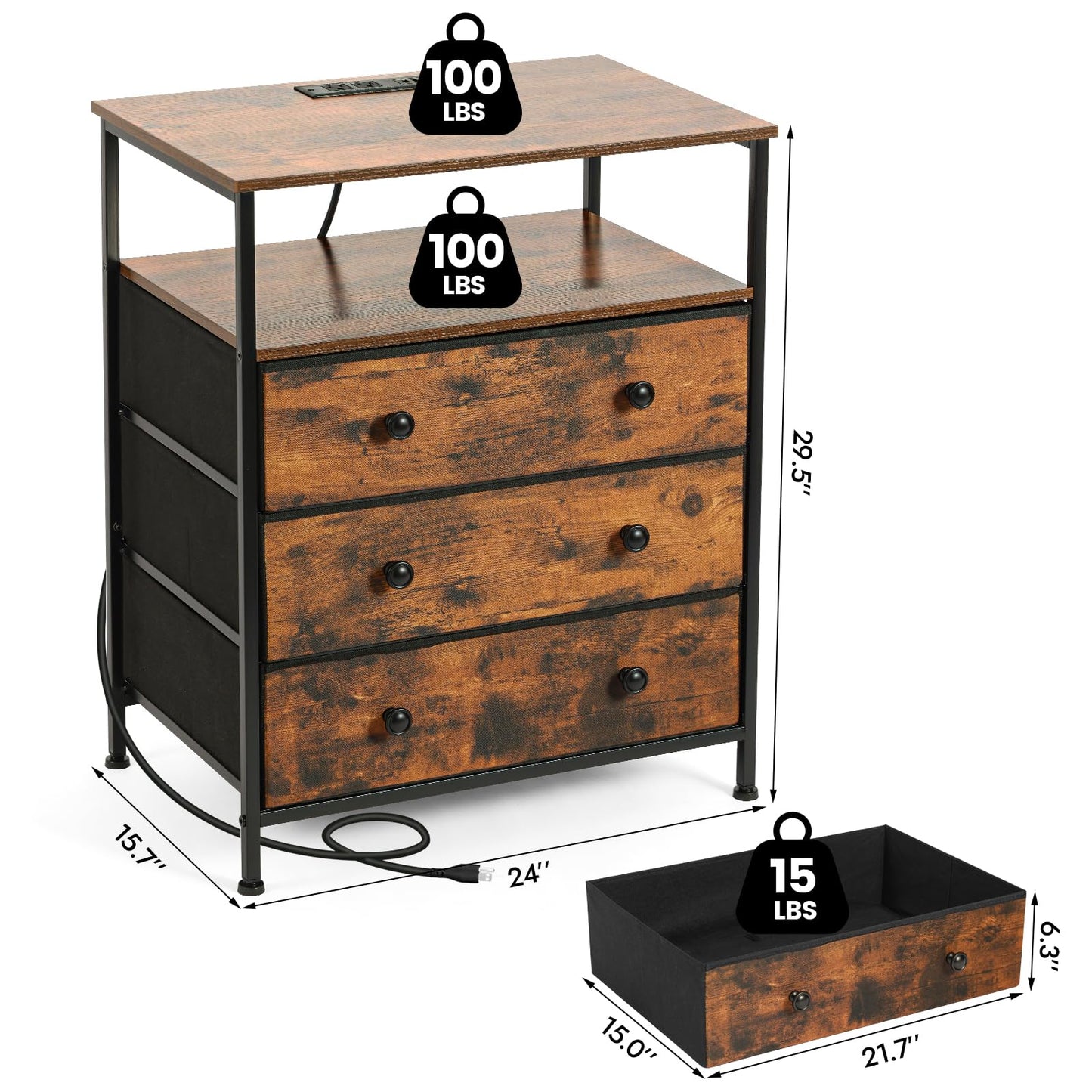 PATAVOT 3 Drawers Dresser with Charging Station, 24 Inch Wide LED Night Stand Set 2 with Adjustable Fabric Drawer, Nightstand with Storage Shelf for Living Room/Bedroom/Office, Rustic Brown.