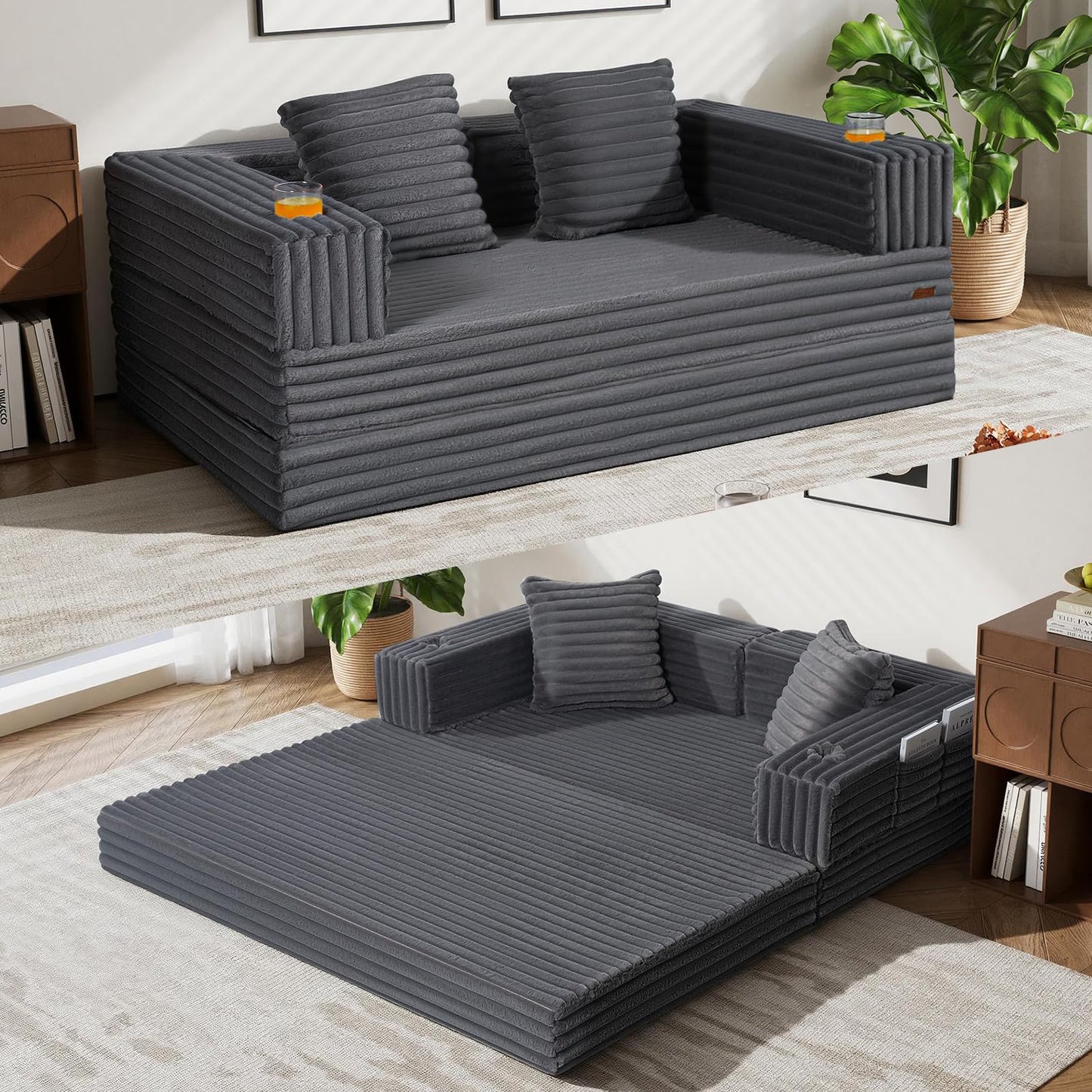 COMAX Futon Sofa Bed, 4‑in‑1 Convertible Sofa Bed, Boneless Couches for Living Room, Fold Out Small Foldable Loveseat Space‑Saving, Ash Gray
