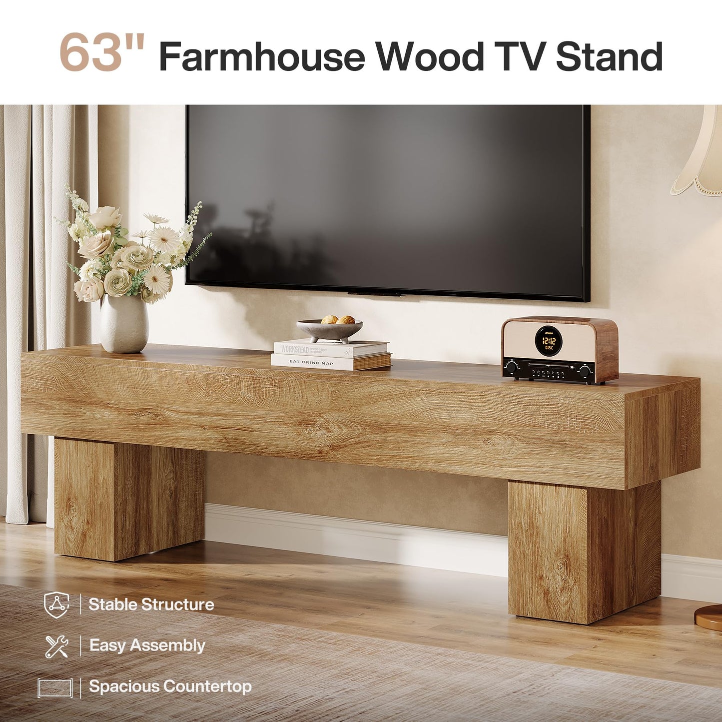 Tribesigns 63" TV Stand, Farmhouse Entertainment Center, Low TV Console Table for Living Room, Long Media Console Television Stands for 55/60/65 Inch TV