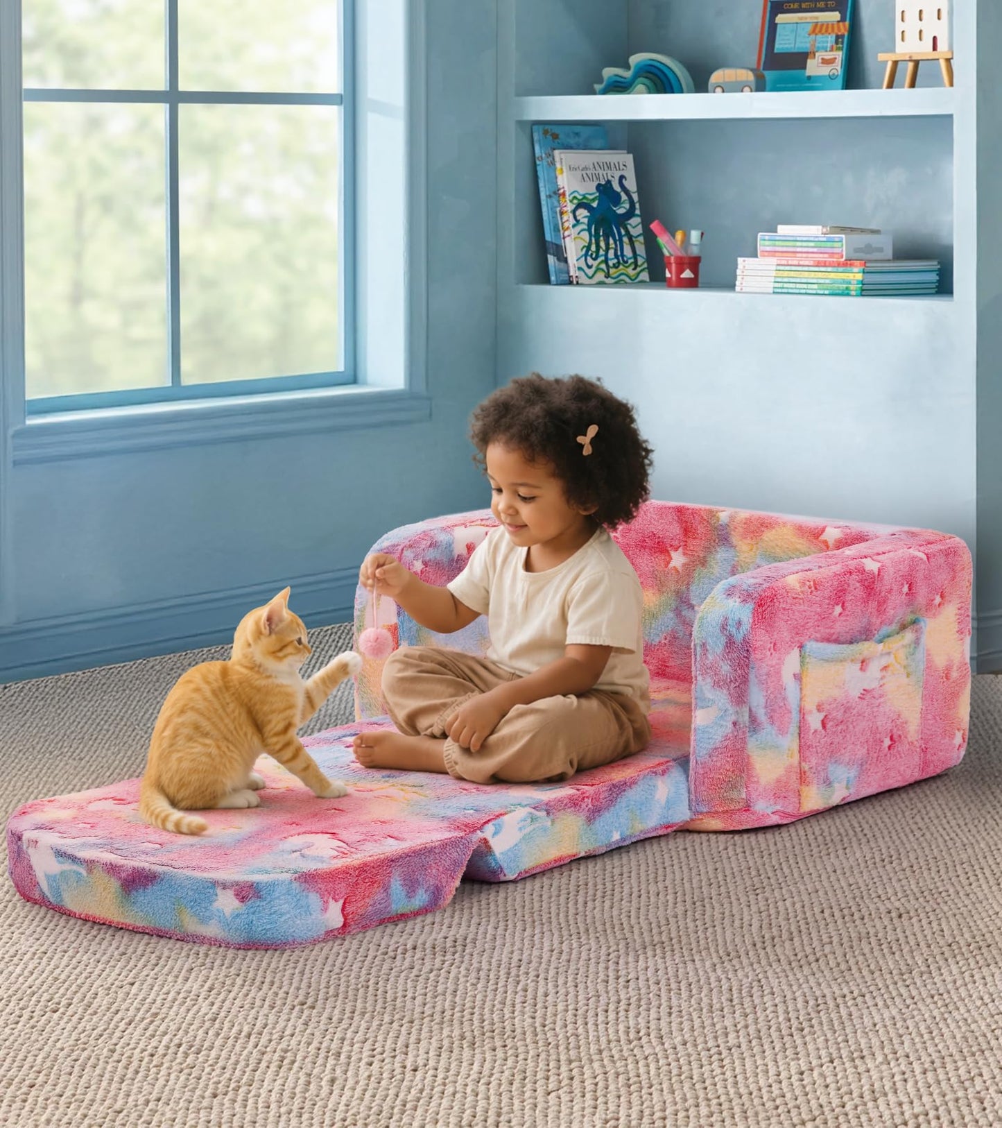 Kids Couch, 2-in-1 Soft Toddler Couch Fold Out with Blanket and Cloud Pillow, Glow in The Dark, Toddler Chair Comfy, Convertible Sofa, Gifts for Kids Girl Boys, Medium Pink Unicorn