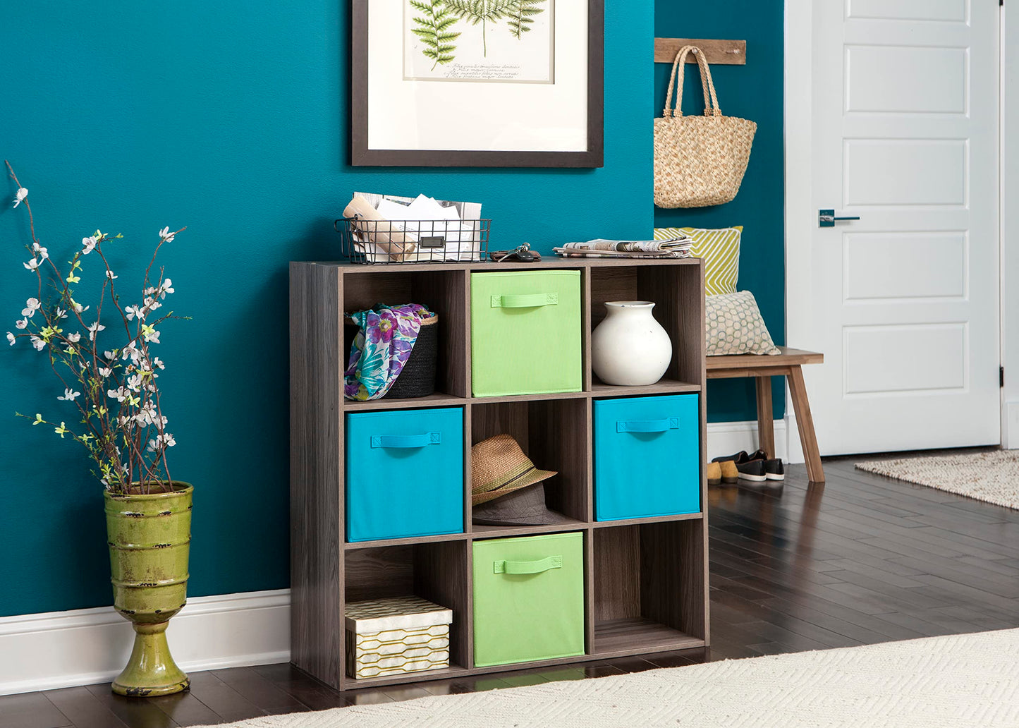 ClosetMaid Cubeicals 9 Cube Storage Shelf Organizer Bookshelf, Stackable, Square Shape, Easy Assembly, Wood, Natural Gray Finish