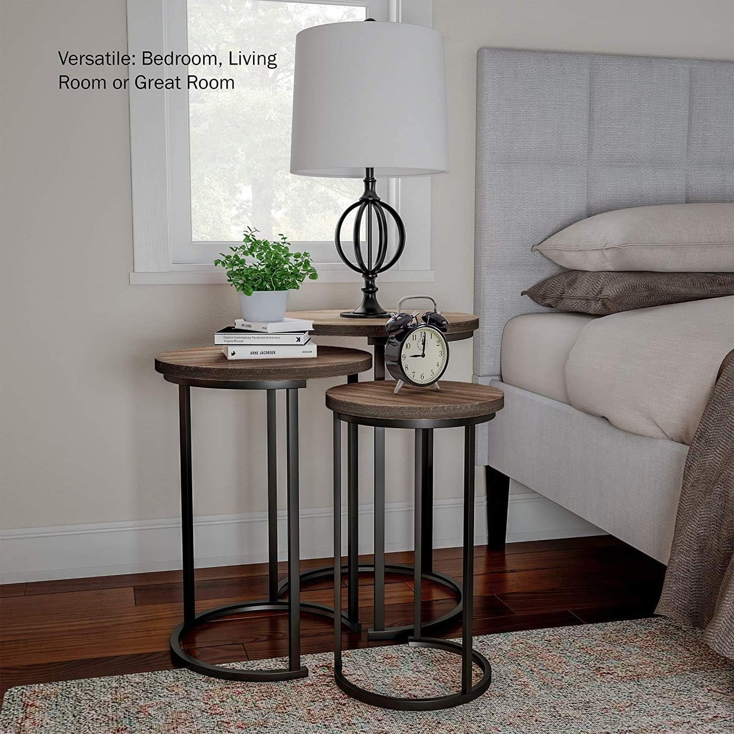 HYGRAD BUILT TO SURVIVE Set of 3 Round Wooden/Steel Nesting Side Stacking Sofa Side Coffee Tables, Small Space Coffee Tea Table for Hallway Living Room Bedroom, Home, Office (Brown/Black)