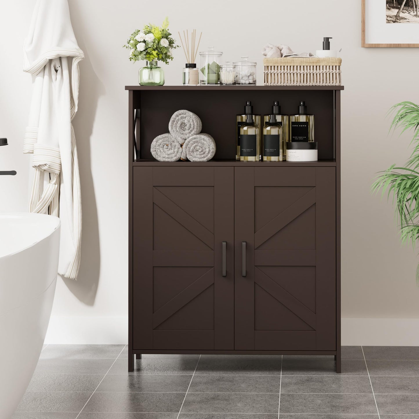 Homhedy Farmhouse Bathroom Storage Cabinet with 2 Doors, Toilet Paper Cabinet with Adjustable Shelf, Small Bathroom Cabinet for Kitchen/Laundry/Living Room, 11.8 x 23.6 x 31.5 Inches, Brown