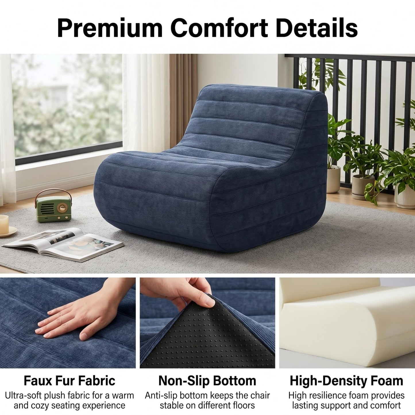 KKdema Compact Bean Bag Chair – Memory Foam Lazy Sofa Sack, Floor Couch for Bedroom, Living Room, Office & Home (Gray)