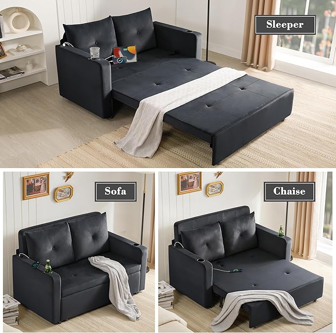 Krcix 3 in 1 Pull Out Couch, 56 Inch Velvet Sofa Bed, Convertible Sleeper Sofa